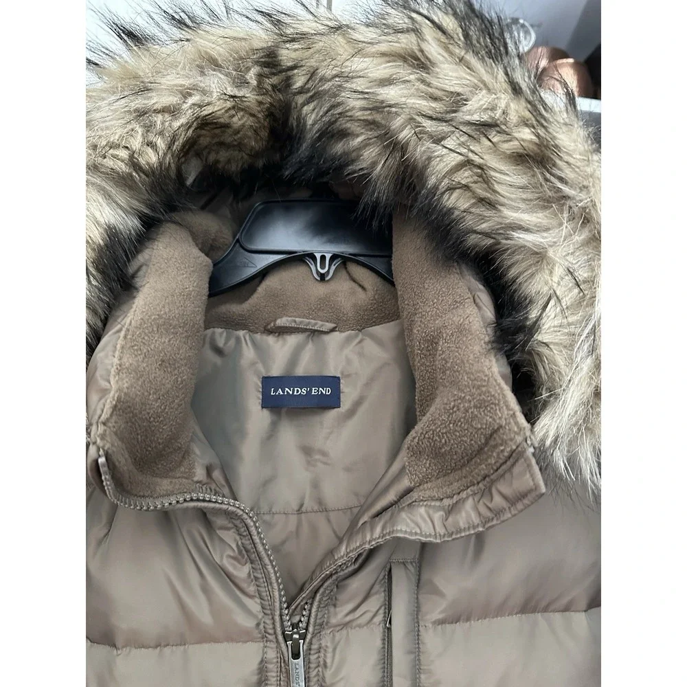 LANDS END COAT Womens 2XL Down‎ Feather Brown Quilted Puffer Jacket Hooded #RR-8